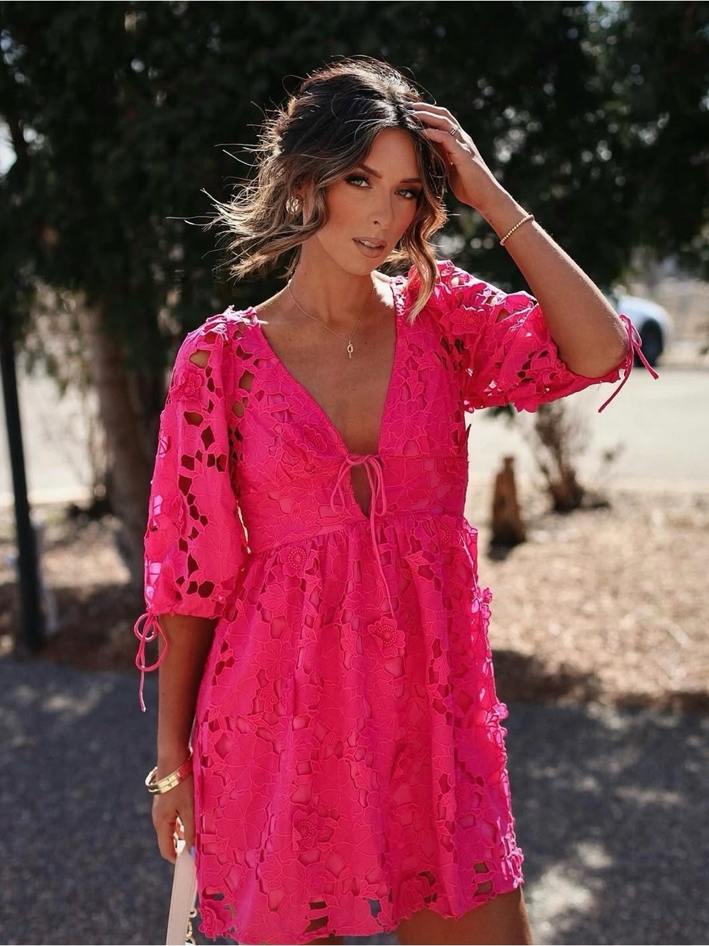 Storia | Hot Pink Floral Lace Mini Dress